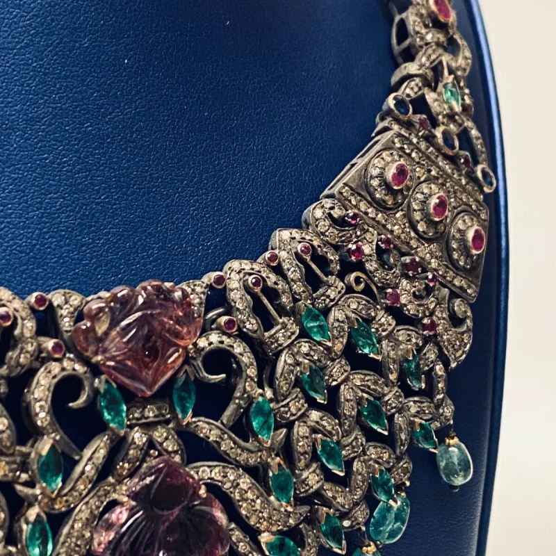 Antique Handmade Necklace and Earrings Diamond Tourmaline Ruby Emerald Sapphire