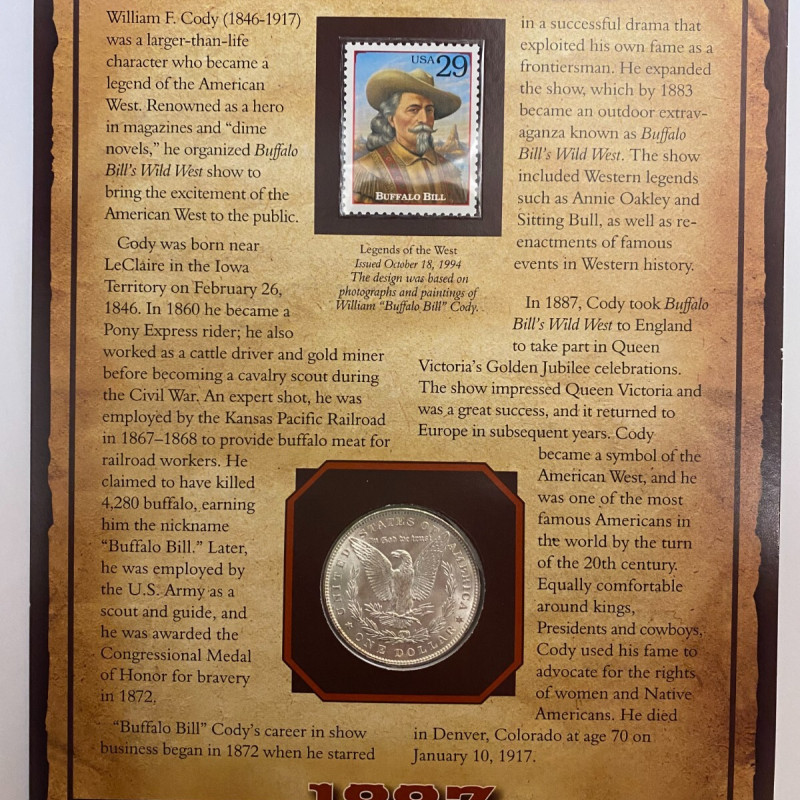 1887 Silver Morgan Dollar with Stamp on Card, American West, Buffalo Bill