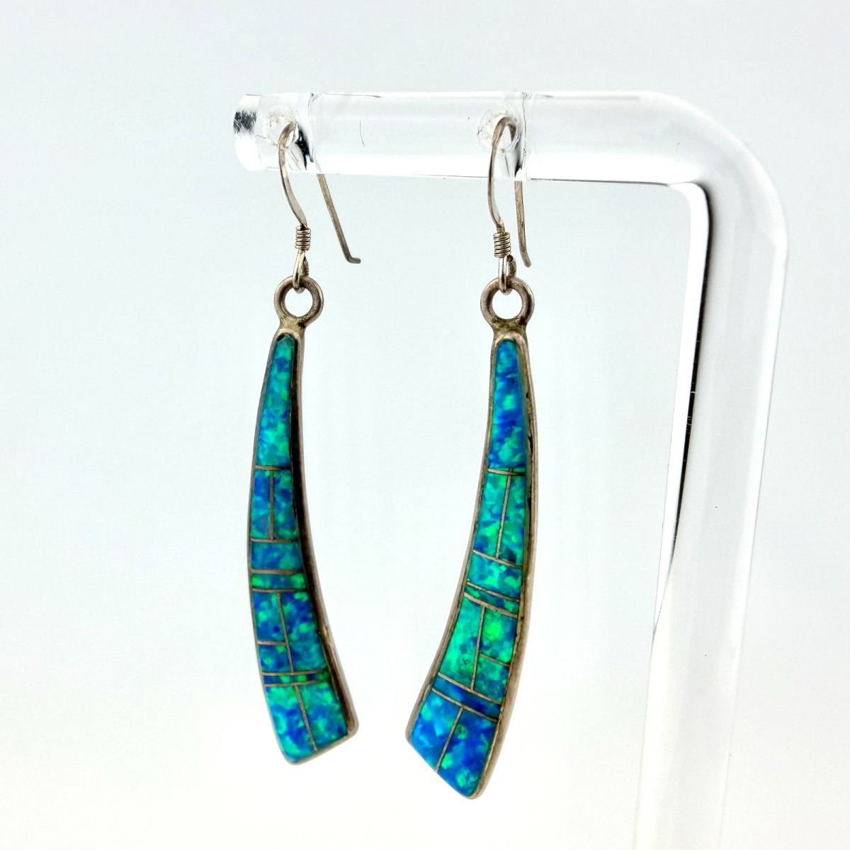 Vintage Dawn Lucas Sterling Silver Opal Inlay Dangle Earrings Marine Mosaic - Dawn Lucas