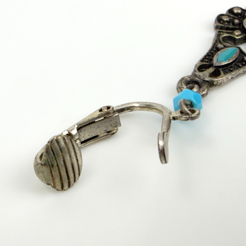 Vintage French art Nouveau Style Turquoise Enamel and Silver Plated Clip Earring