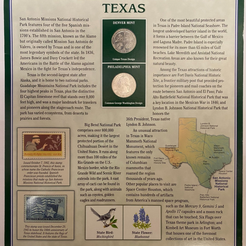 2019 Texas San Antonio Missions Quarter P&D w/ 2 Stamps Display Card