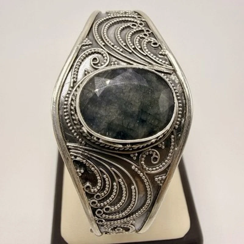 Vintage 925 Sterling Silver Filigree Cuff Bracelet Natural Blue Gray Gemstone