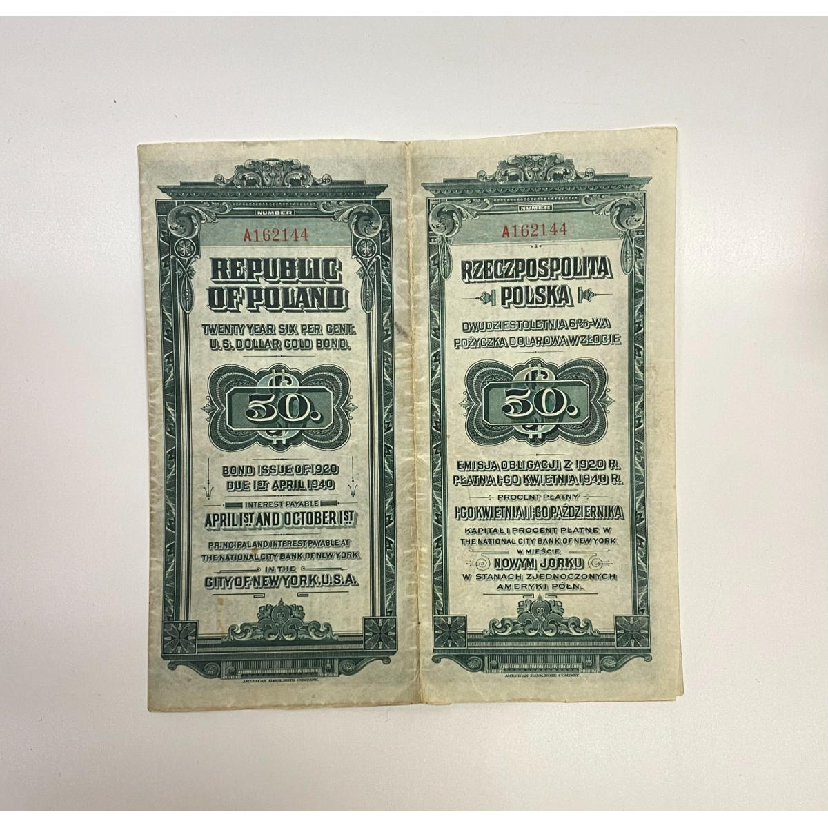 1920 Republic Of Poland 20 Year 6% U.S. Dollar Gold Bond W/ 5 Coupons