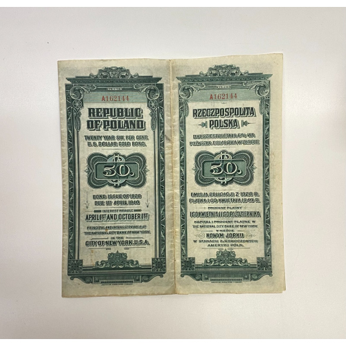 1920 Republic Of Poland 20 Year 6% U.S. Dollar Gold Bond W/ 5 Coupons