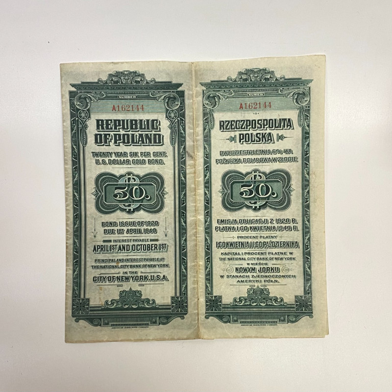 1920 Republic Of Poland 20 Year 6% U.S. Dollar Gold Bond W/ 5 Coupons 1920 Republic Of Poland 20 Year 6% U.S. Dollar Gold Bond W/ 5 Coupons