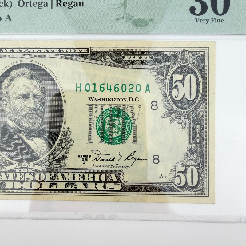 1981 $50 FRN New York Fr. 2110-H HA Block PMG 30 VF Ortega/Regan H01646020A