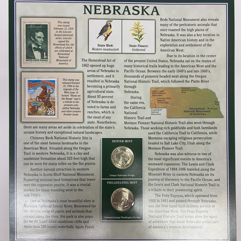 2015 P +D Nebraska Homestead Monumen Quarters + 2 Stamps Placard w/Protector PCS 2015 P +D Nebraska Homestead Monumen Quarters + 2 Stamps Placard w/Protector PCS