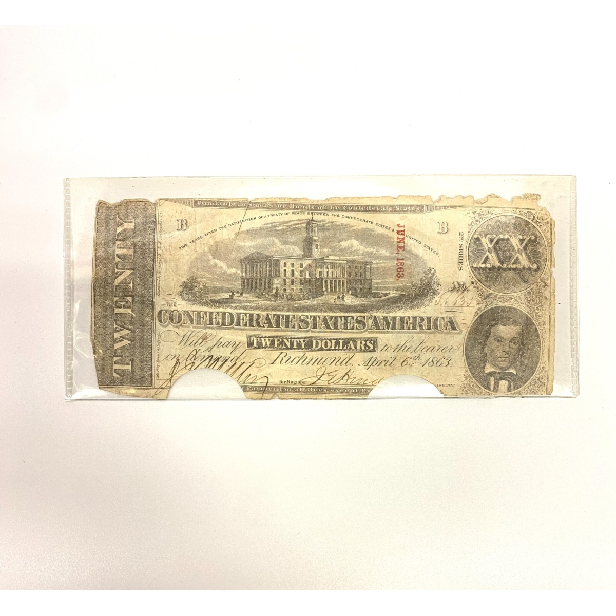 April 6th 1863 CSA Confederate States Note $20 Twenty Dollars Cancel Cut