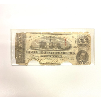 April 6th 1863 CSA Confederate States Note $20 Twenty Dollars Cancel Cut April 6th 1863 CSA Confederate States Note $20 Twenty Dollars Cancel Cut
