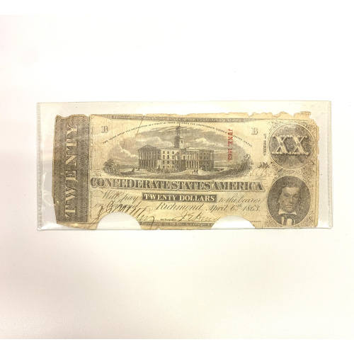 April 6th 1863 CSA Confederate States Note $20 Twenty Dollars Cancel Cut