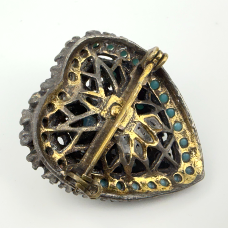 Vintage Gold Tone Metal Blue Turquoise Domed Heart Pin Brooch
