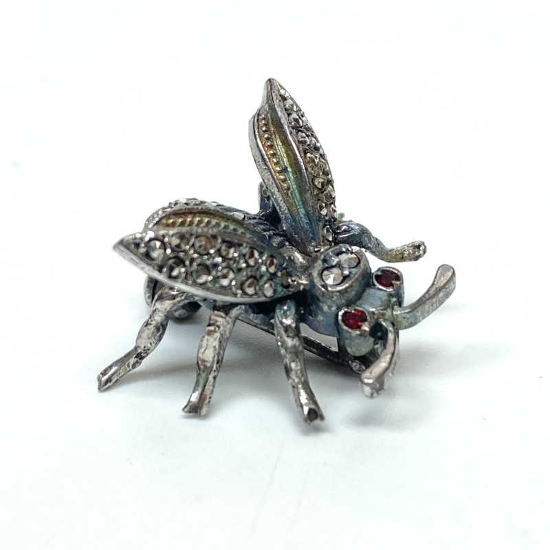 Alice Caviness Brooch Sterling Silver Rubies and Marcasite Grey Bumble Bee