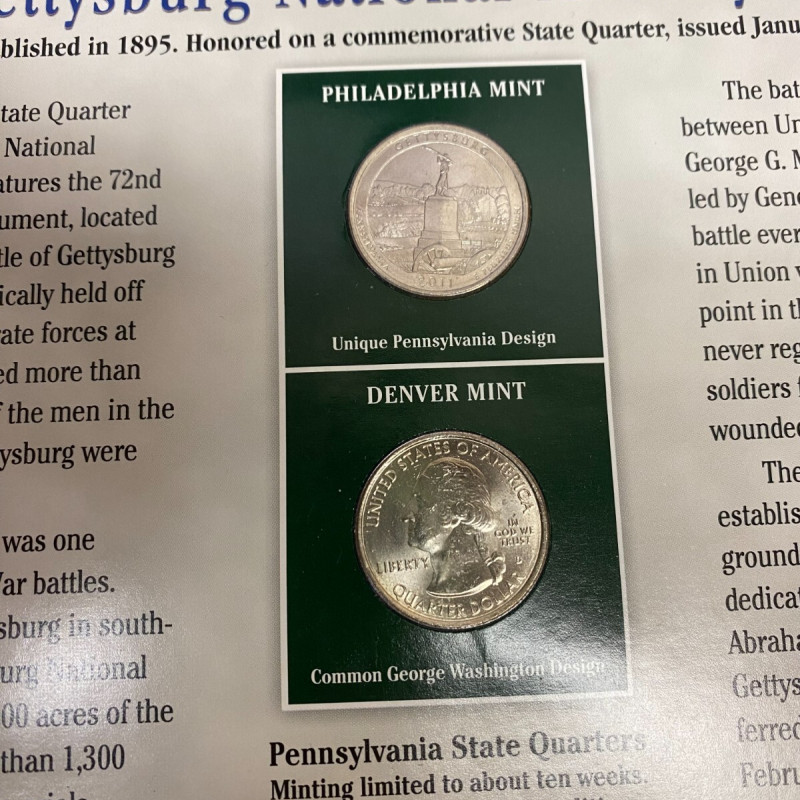 2011 Pennsylvania Gettysburg National Military Park Quarter P&D w/2 Stamps