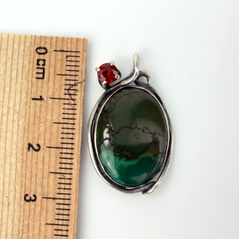 Vintage Green Turquoise Garnet Sterling Silver Filigree Pendant