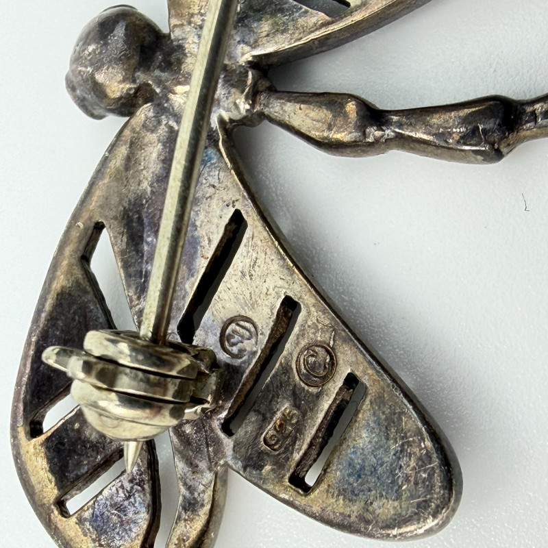 Vintage Sterling Silver Dragonfly Brooch Pin Marcasite 1940's