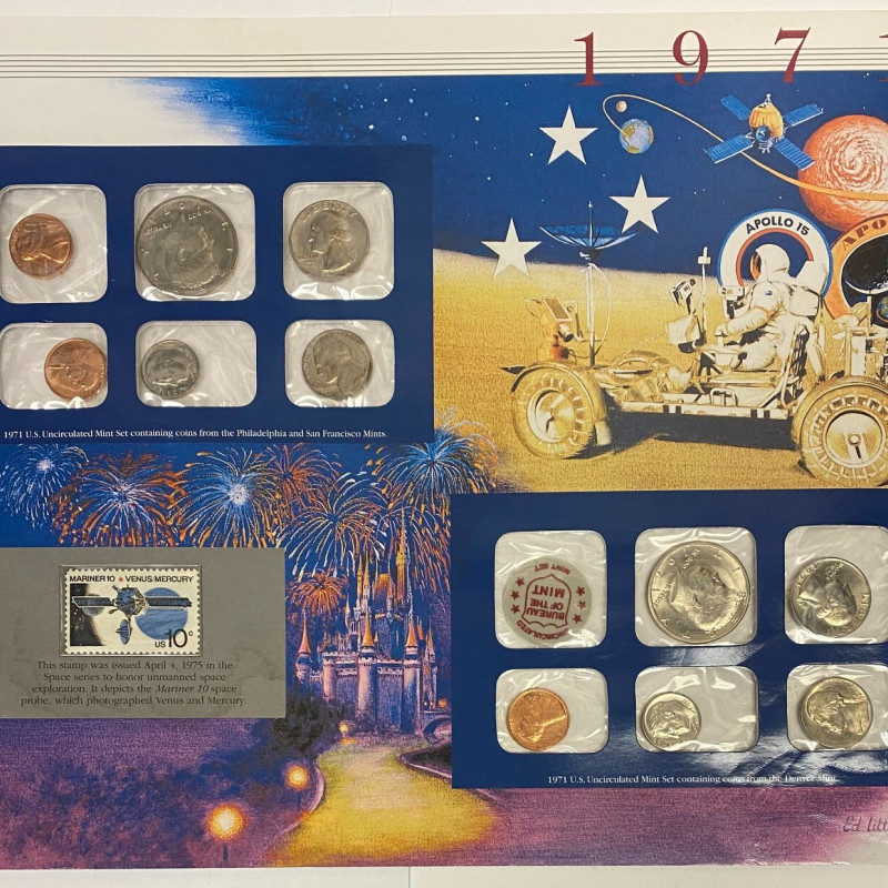 1971 Uncirculated Mint Set Postal Commemorative Society Coins & Stamp Panel
