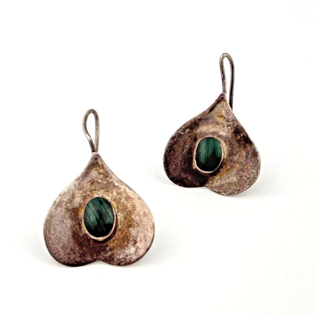 Vintage Modernist 925 Sterling Silver Hook Earrings with Malachite - MF 925 - Unbranded