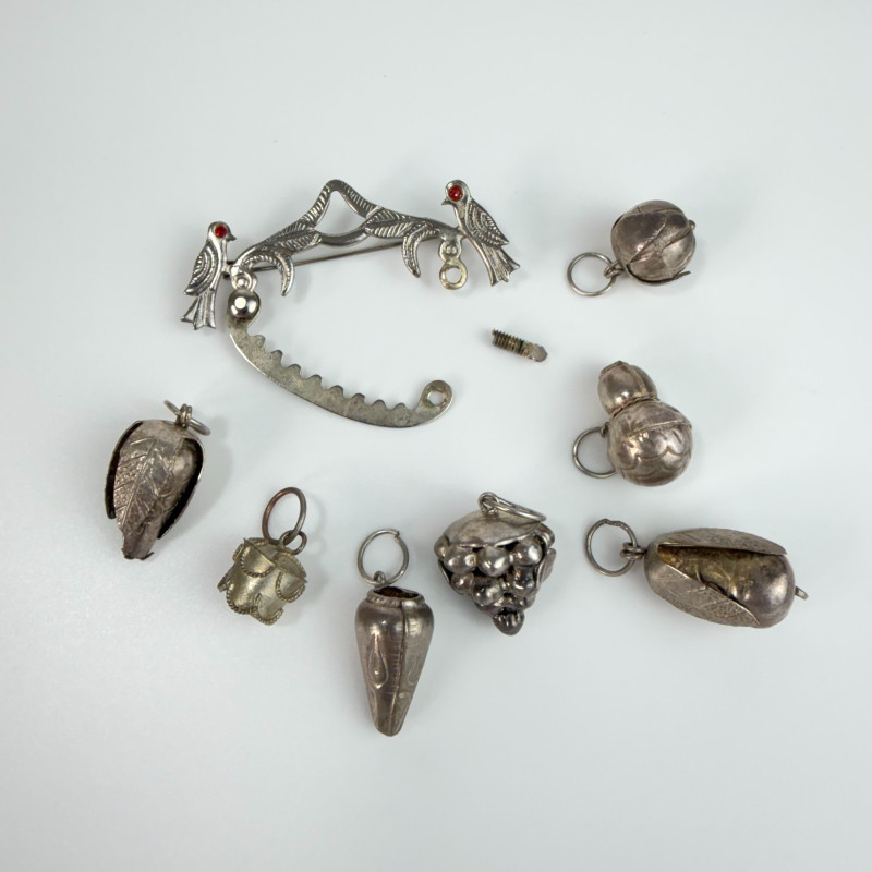 Antique Brazilian Amulet Silver Brooch Pin PENCA DE BALANGANDAN with 7 Charms