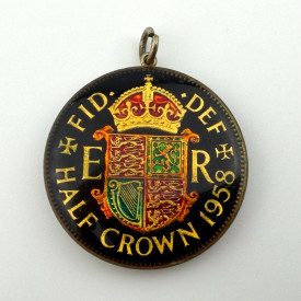 Vintage Half Crown Enamelled Coin Pendant 1958 Queen Elizabeth