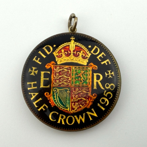 Vintage Half Crown Enamelled Coin Pendant 1958 Queen Elizabeth Vintage Half Crown Enamelled Coin Pendant 1958 Queen Elizabeth