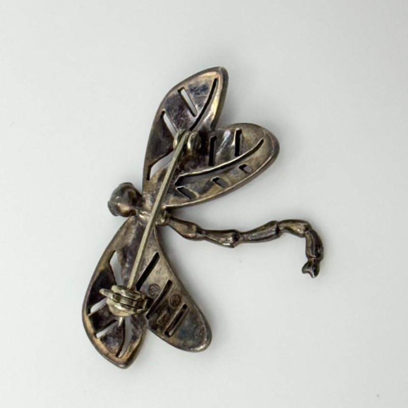 Vintage Sterling Silver Dragonfly Brooch Pin Marcasite 1940's