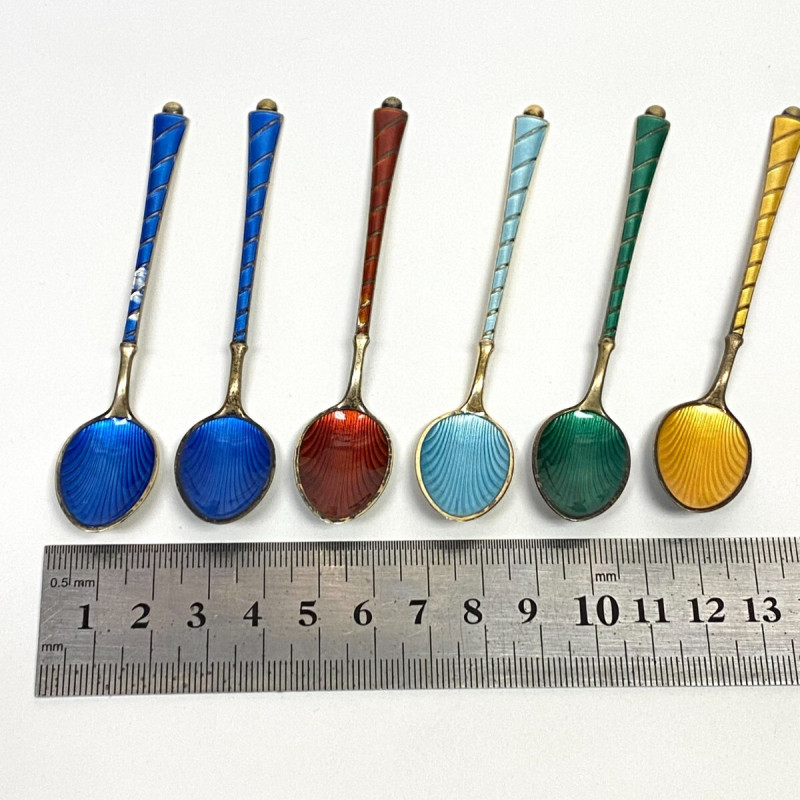 6 Demitasse Spoon Set Enamel Gilt Sterling Silver Ela Denmark