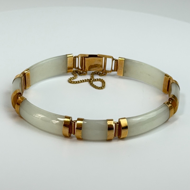 14k Yellow Gold “Joy” Clasp 7 Segments Celadon Green Jade Bracelet