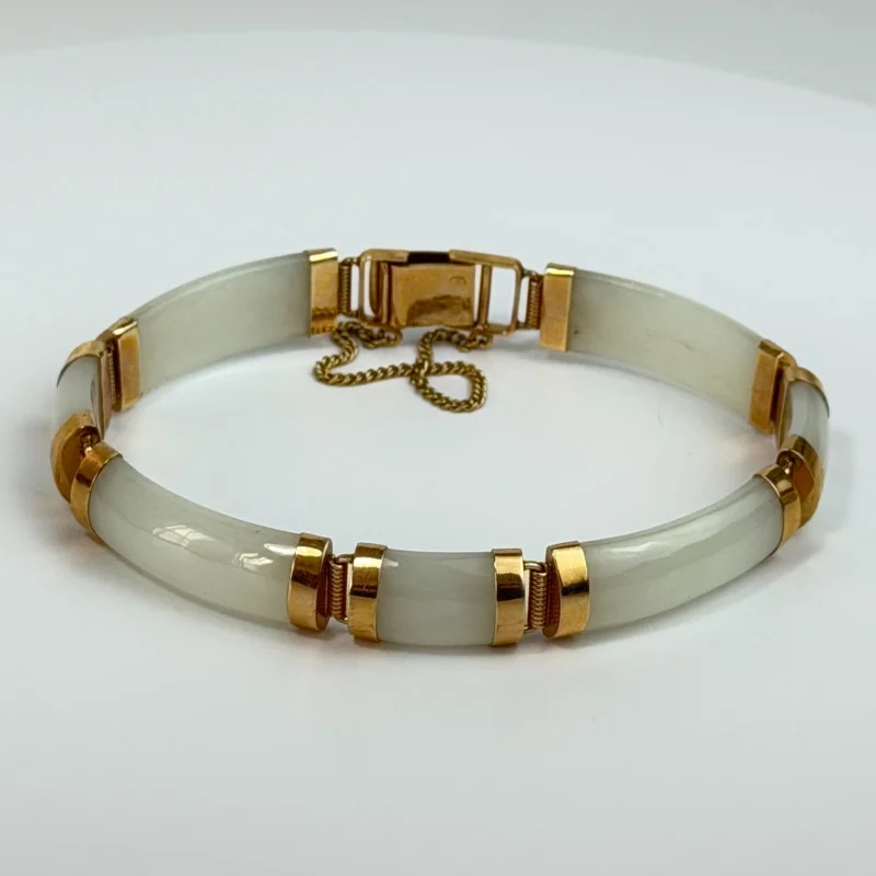14k Yellow Gold “Joy” Clasp 7 Segments Celadon Green Jade Bracelet