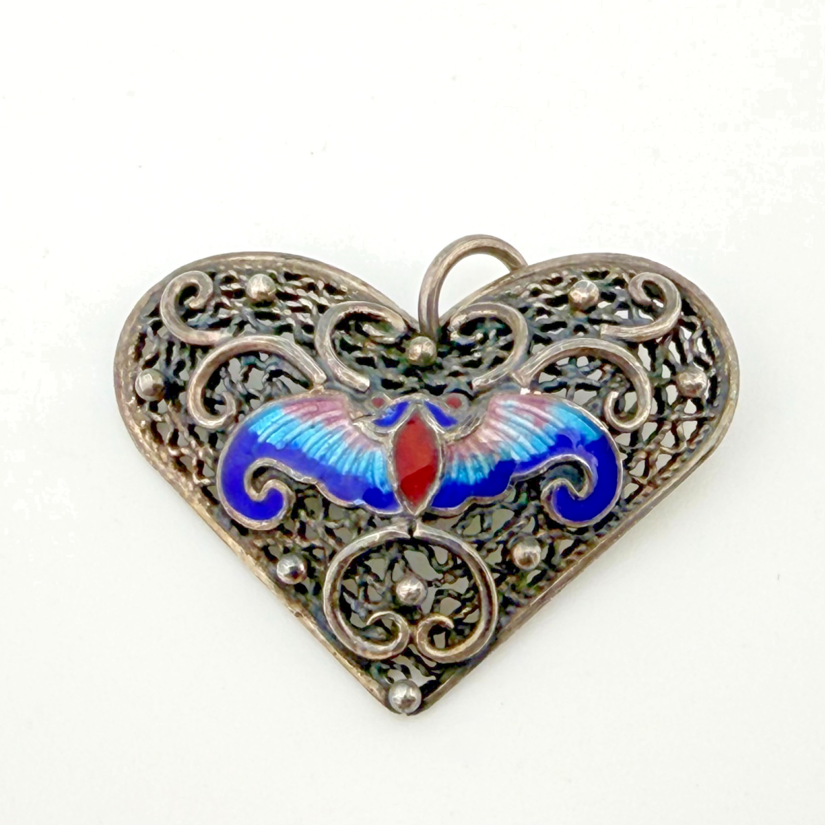 Vintage Silver Heart Pendant with Enamel Butterfly and Filigree - Unbranded