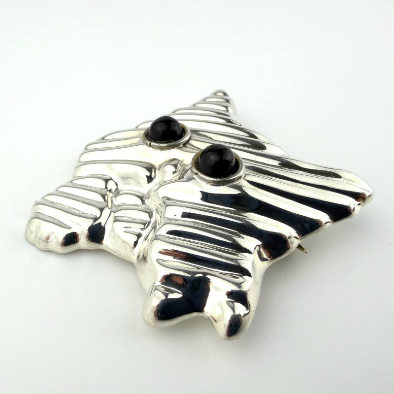 Vintage Sterling Silver Mexico Modernist Cat Brooch Pin Black Eyes circa 1980s'