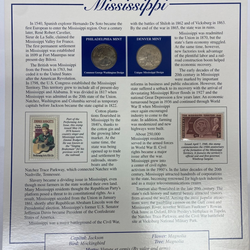 2002 P & D QUARTER COINS MISSISSIPPI STATEHOOD & STAMPS COLLECTION
