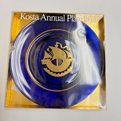 Kosta 1973 Annual Plate by U. Lindstrand Blue Glass Gold Viking Ship in Box Kosta 1973 Annual Plate by U. Lindstrand Blue Glass Gold Viking Ship in Box