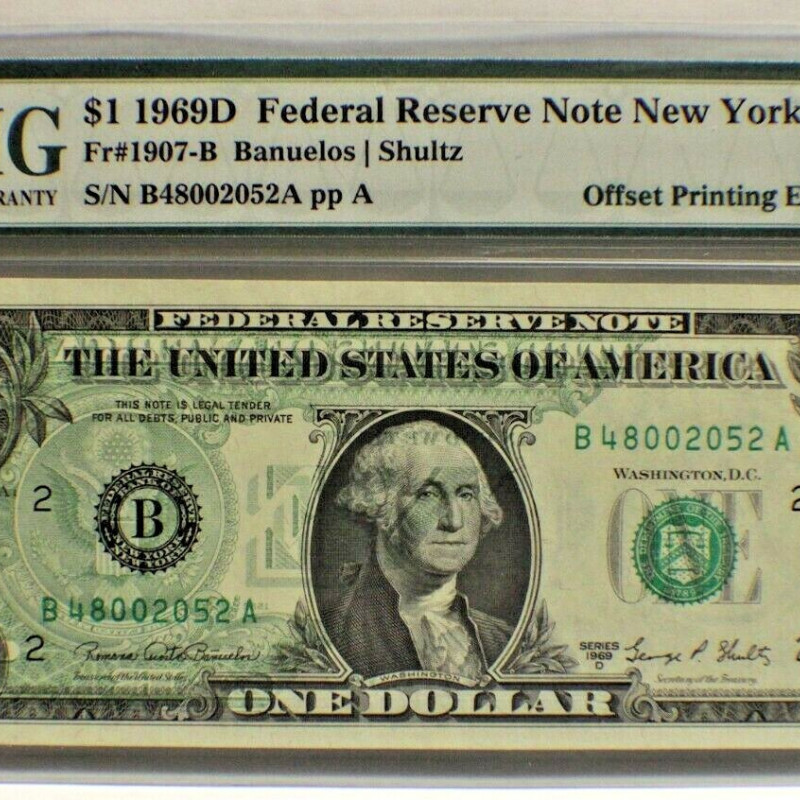 Fr#1907-b 1969D PMG  $1 OFF SET PRINTING ERROR PMG 58