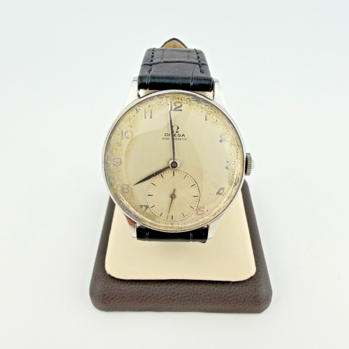Vintage Omega 34mm Stainless Steel Non-Magnetic Military Watch Black Leather