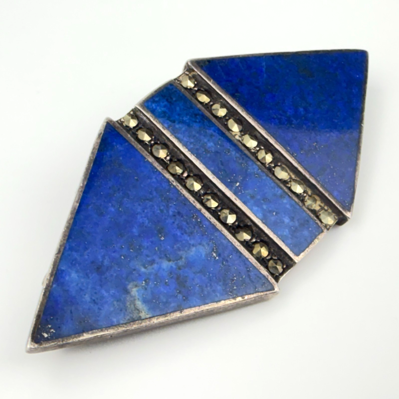 Vintage Signed SHA Sterling Silver Mexico Lapis Lazuli Marcasites Brooch