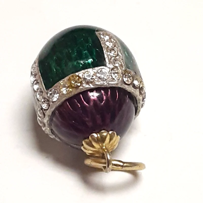 Antique Sterling Silver Green/Plum Colored Diamond Studded Enamel Egg