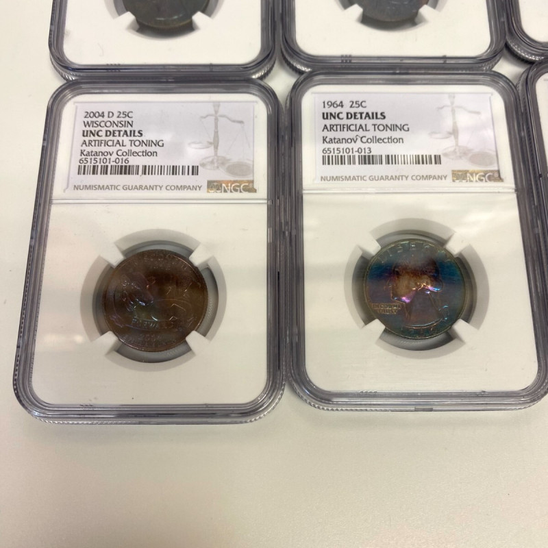 NGC UNC Details–8 Coins: Artificial Toning (7×25C, 1×10C), Altered Color (1×1C) NGC UNC Details–8 Coins: Artificial Toning (7×25C, 1×10C), Altered Color (1×1C)
