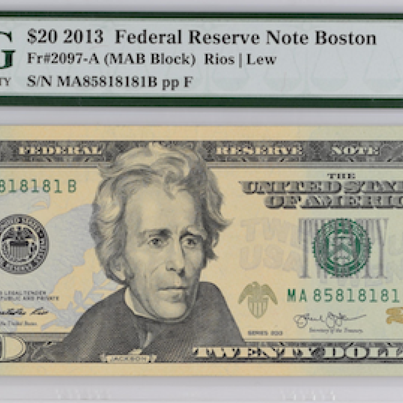 PMG 55 EPQ $20 2013  FR#2097 - A   BOSTON (MAB Block) RIOS / LEW  (MIRROR SN) 