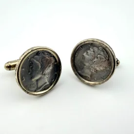 Vintage 1941 Mercury Dime Cufflinks Sterling Silver Bezel WWII Era
