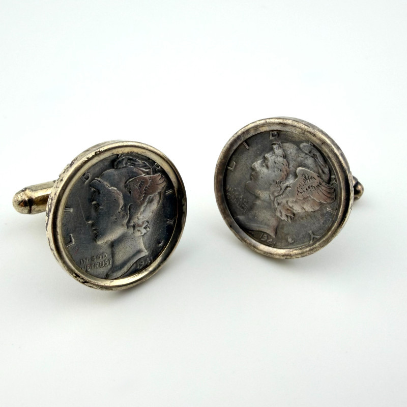 Vintage 1941 Mercury Dime Cufflinks Sterling Silver Bezel WWII Era