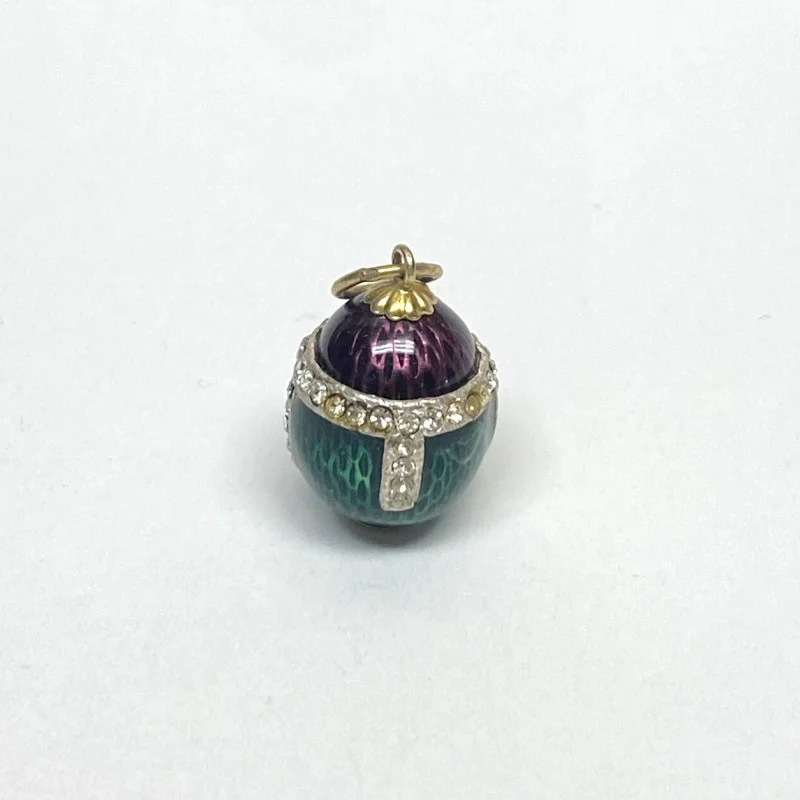 Antique Sterling Silver Green/Plum Colored Diamond Studded Enamel Egg