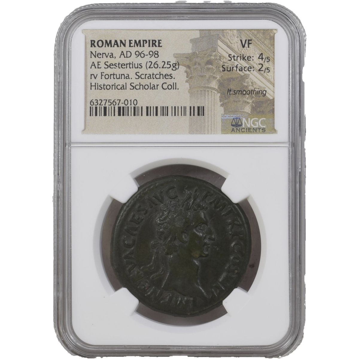 ROMAN EMPIRE NERVA,AD96-98AE SESTERTIUS,Fortuna.Scratches Historical Scholar