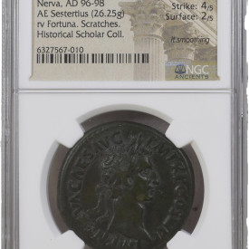 ROMAN EMPIRE NERVA,AD96-98AE SESTERTIUS,Fortuna.Scratches Historical Scholar