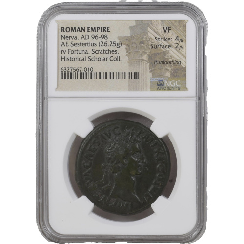 ROMAN EMPIRE NERVA,AD96-98AE SESTERTIUS,Fortuna.Scratches Historical Scholar