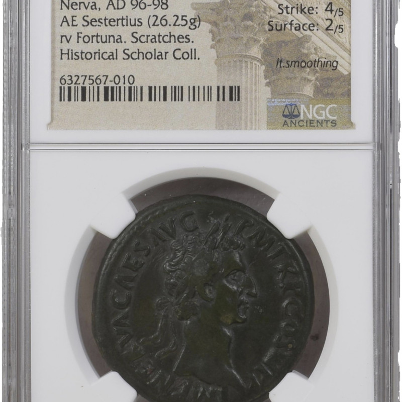 ROMAN EMPIRE NERVA,AD96-98AE SESTERTIUS,Fortuna.Scratches Historical Scholar