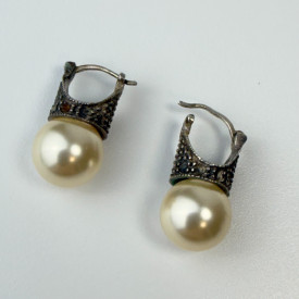 Vintage Marcasite And White Pearl Silver Earrings Pierced