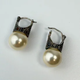 Vintage Marcasite And White Pearl Silver Earrings Pierced