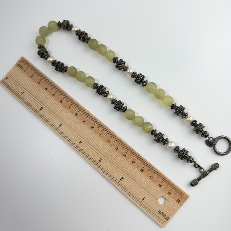 Faceted beads of natural lemon green jade and pearls 925 Sterling Necklace 17''