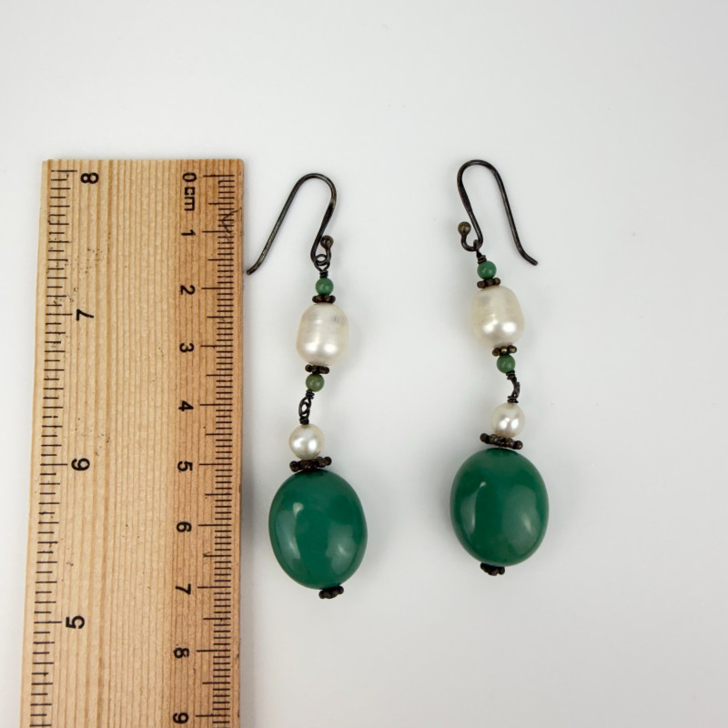Vintage SX 925 THAI Pearls and Natural Green Round Beads Dangle Hook Earrings