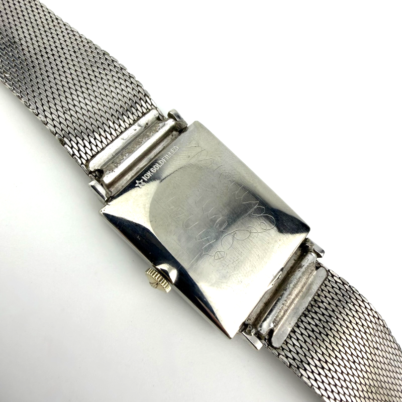 Vintage 1960 Longines Rectangular Black Dial 10K Gold Filled Mesh Bracelet Watch